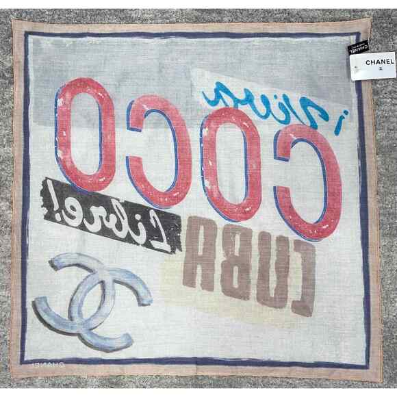 Chanel 17C Coco Cuba CC Beige Graffiti Cotton Bandana Handkerchief Scarf Wrap - Picture 7 of 11